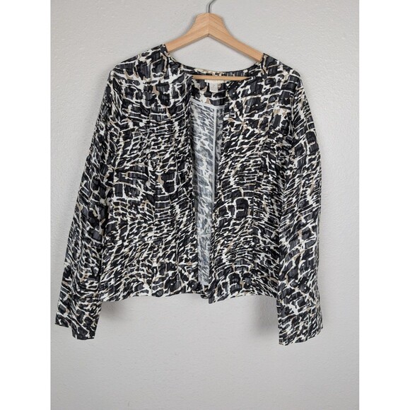 Chico's Jacket Blazer Sz L 2 Black White Tan Abstract Print Open Front Cotton - Picture 1 of 6